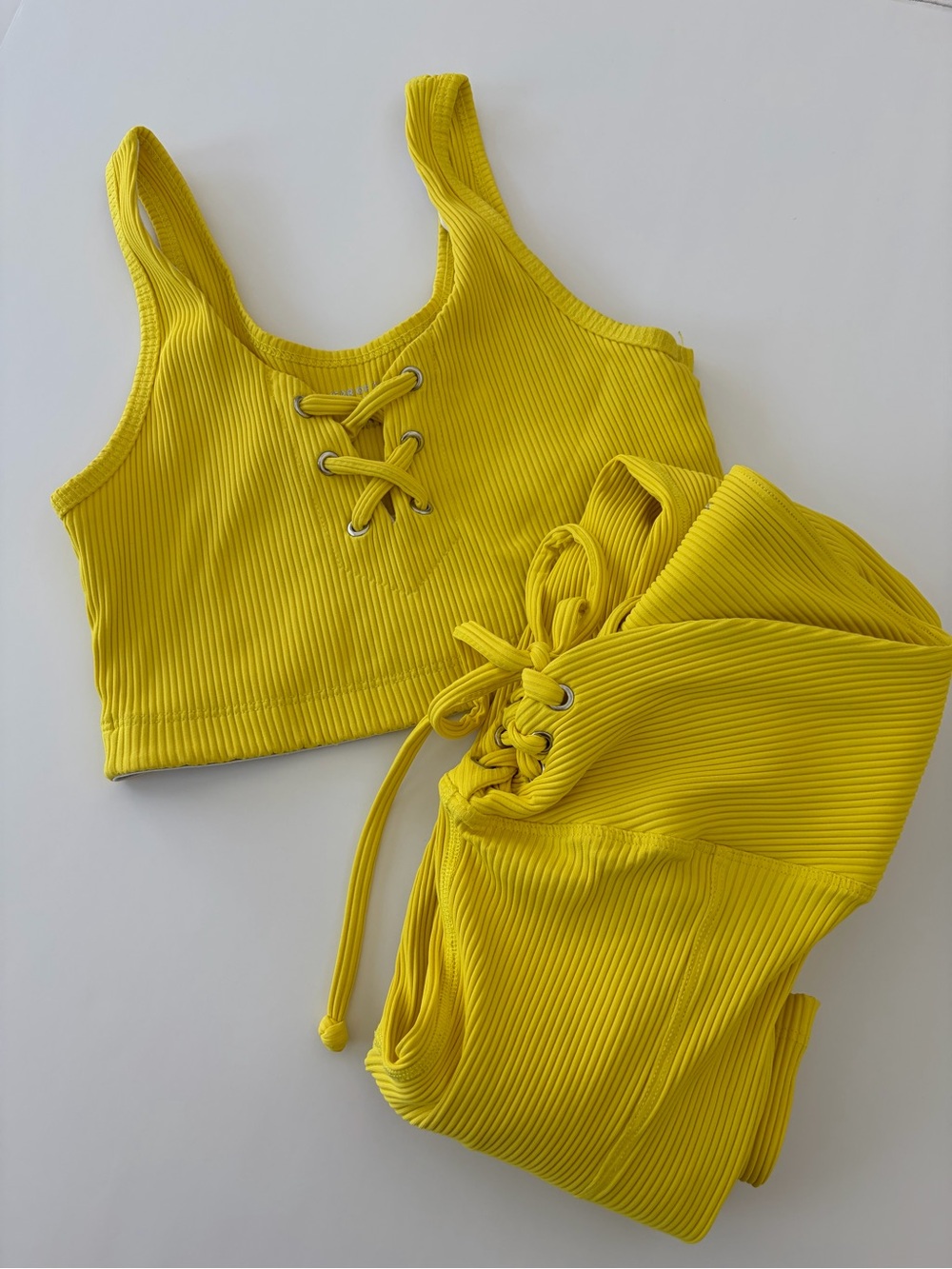 Year of Our’s Women’s Yellow Ribbed Sports Bra Leggings Set Size Medium Gym Yoga